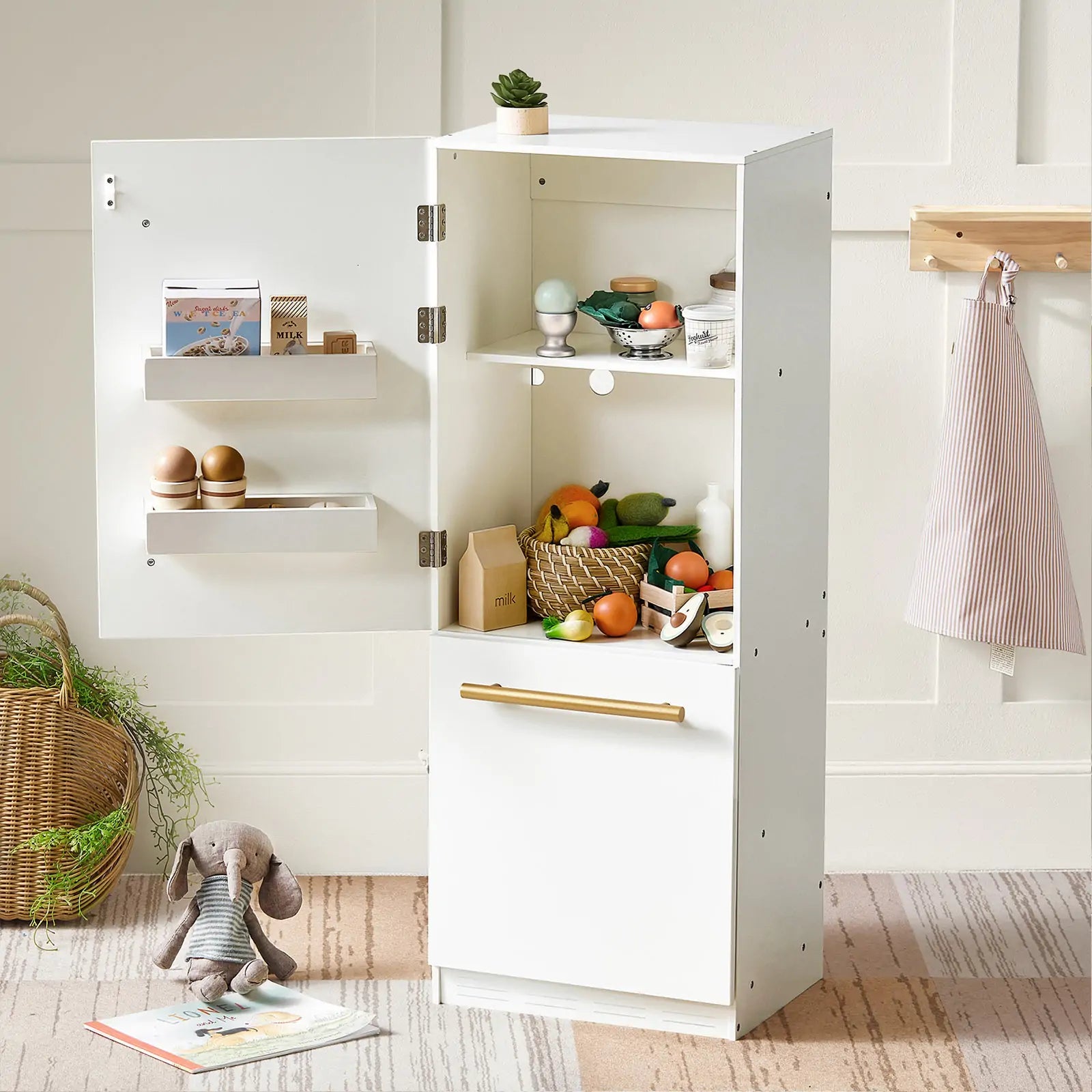 White kitchen cabinet with open doors displaying various items in a room.