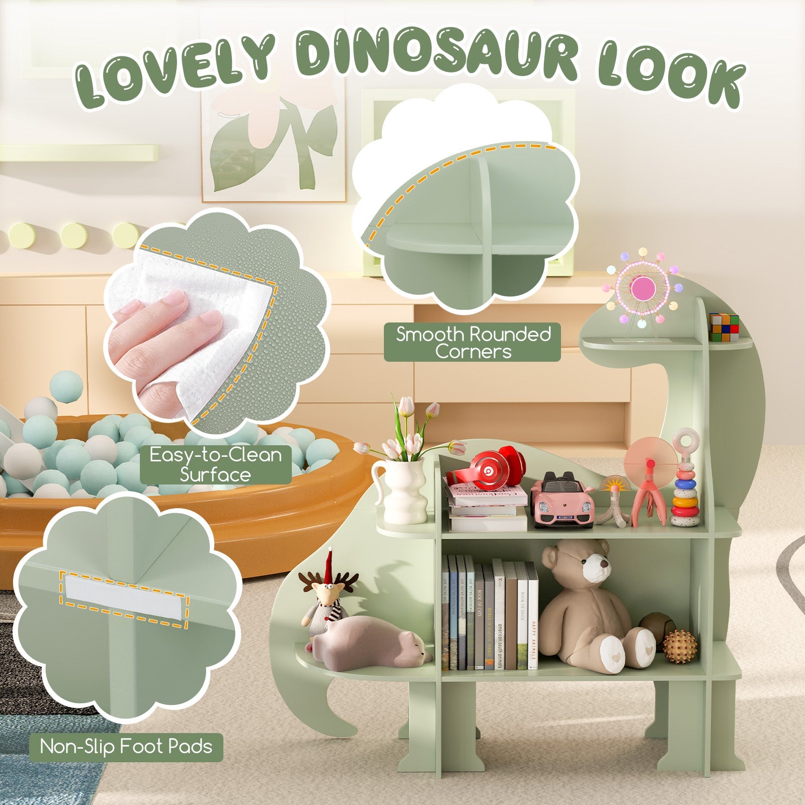 3-Tier Dinosaur Kids Bookshelf for Children-Green