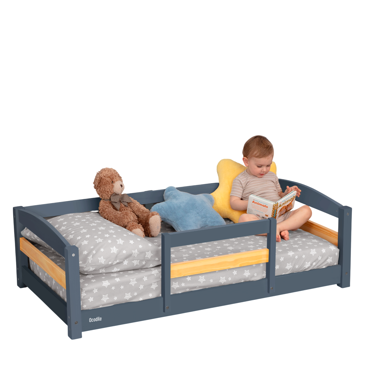 Crib Size Wooden Floor Bed Frame with Rails for Toddlers Age 1–3